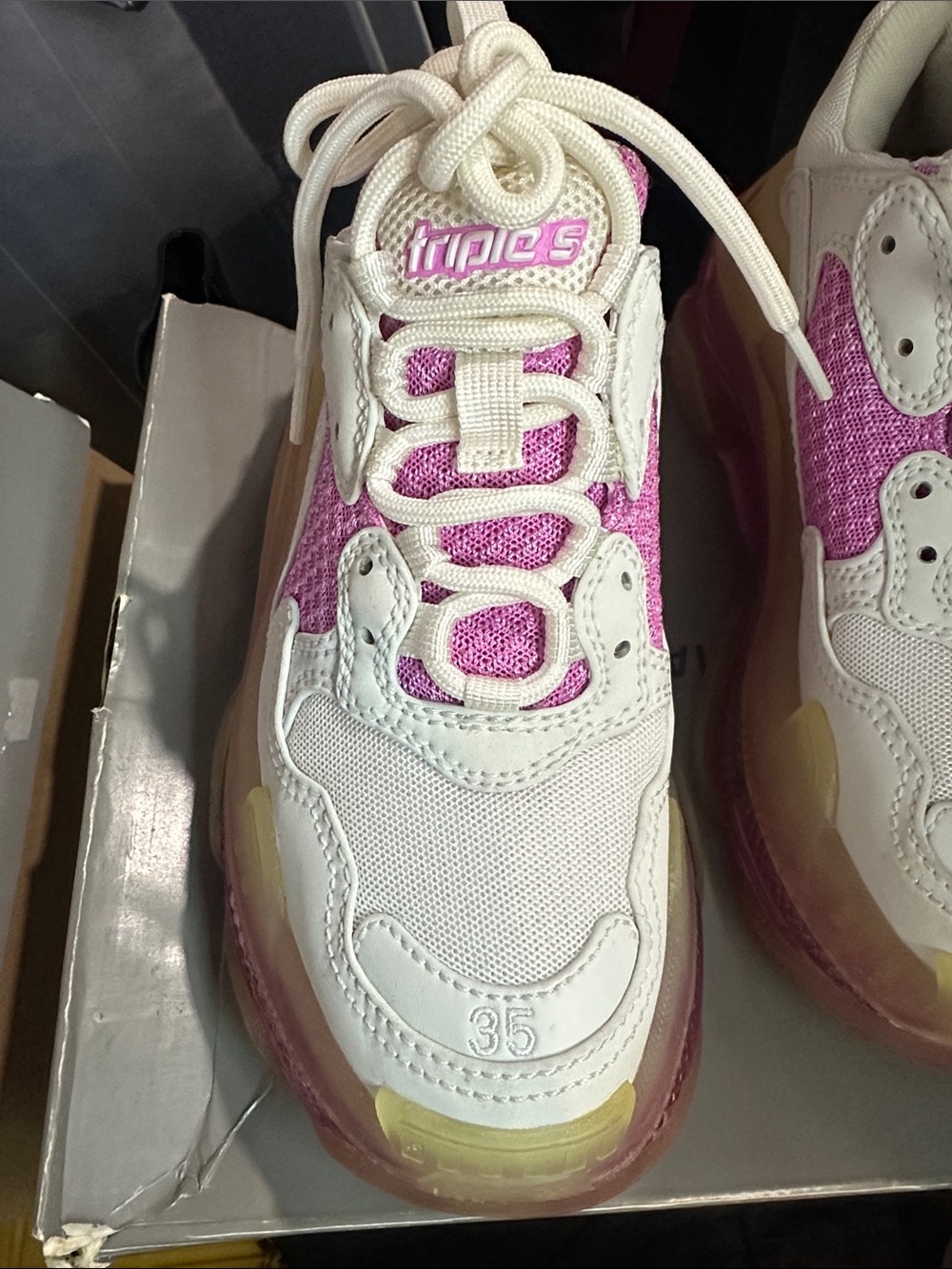 Balenciaga White and Pink Triple S Chunky Sneakers - Picture 4 of 16